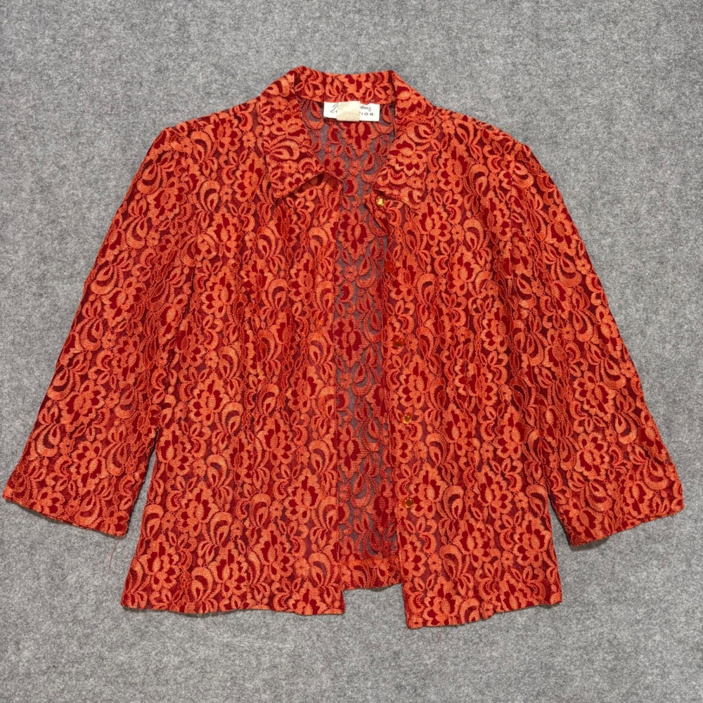Giorgio Fiorlini Collection Orange Red Floral Lace Blouse 3/4 Sleeve Vintage USA